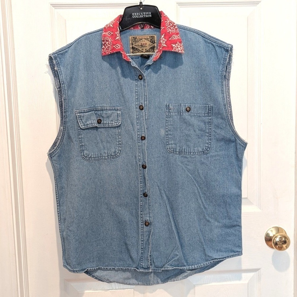 90s Western Denim Bandana Collar Sleeveless Shirt Express Jeans M Festival